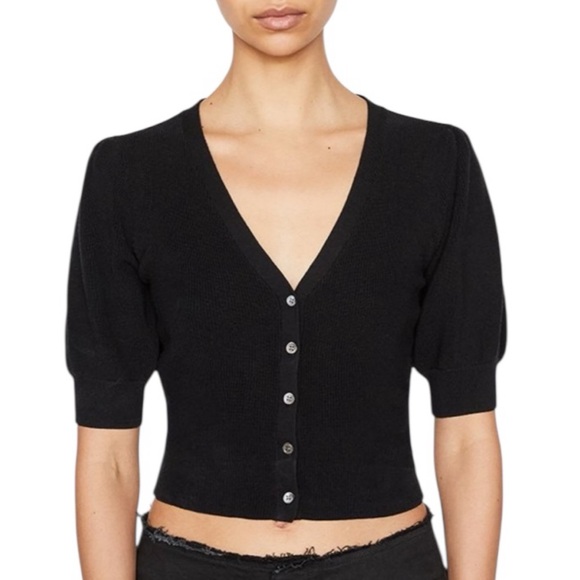 FRAME Jocelyn V-Neck Cropped Puff Short Sleeve Ribbed Cardigan Large - Picture 1 of 9